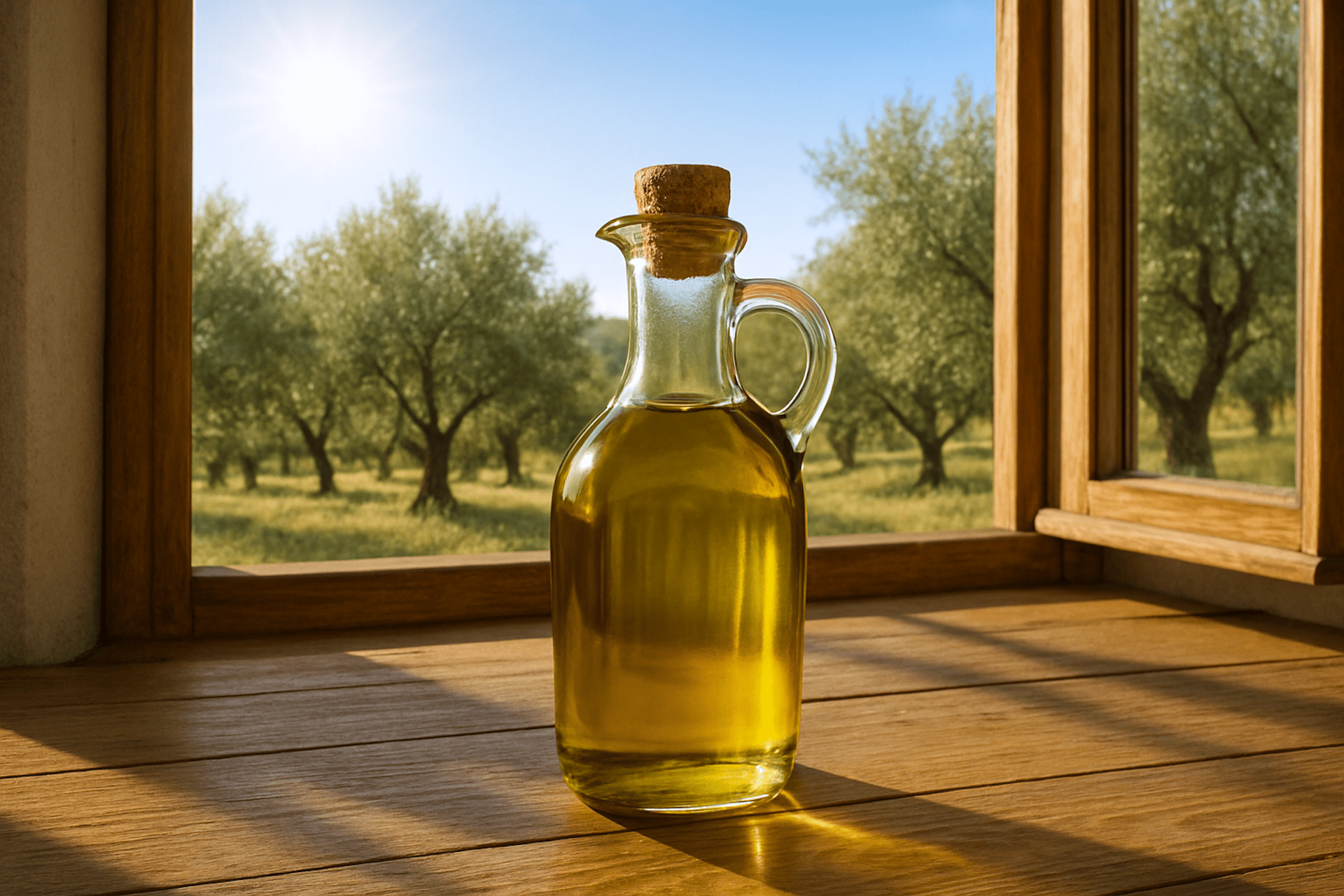 Bottiglia di Olio di Oliva su un tavolo con sfondo sul campo di ulivi