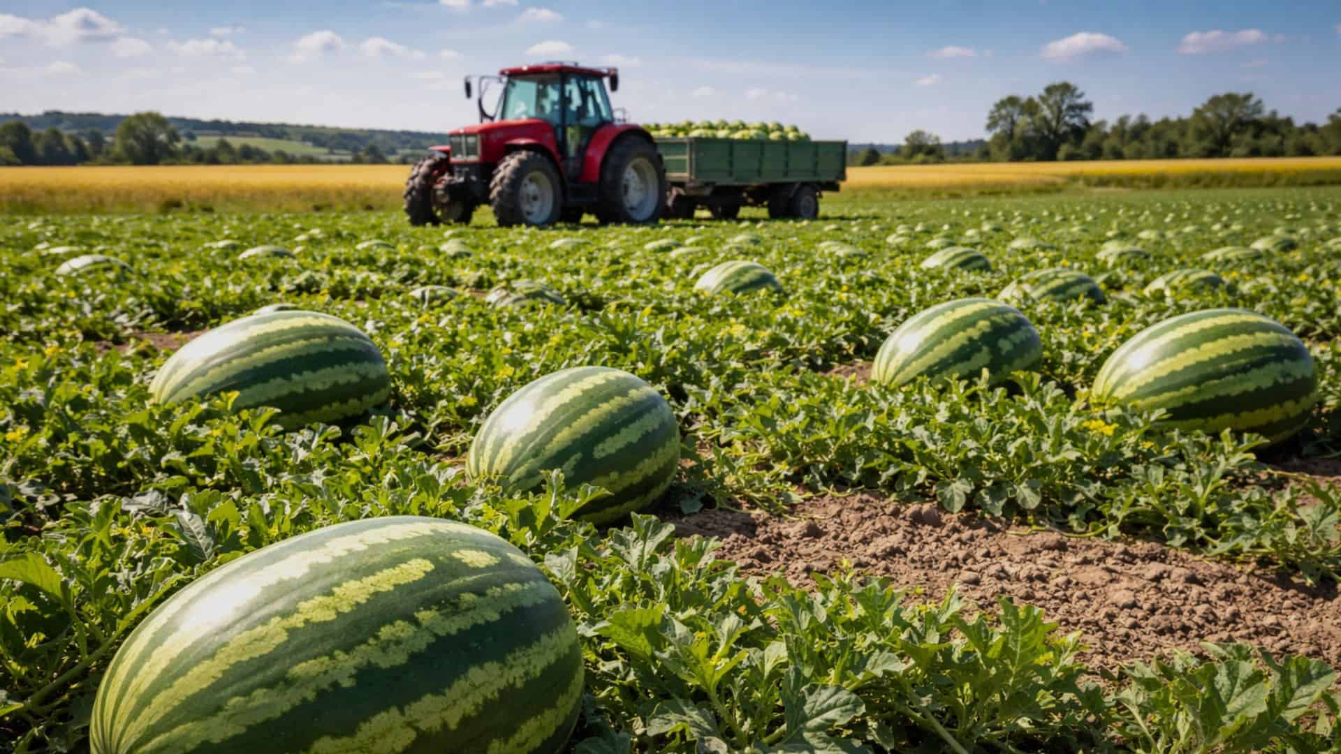 Campo agricolo di cocomeri con un trattore nello sfondo.